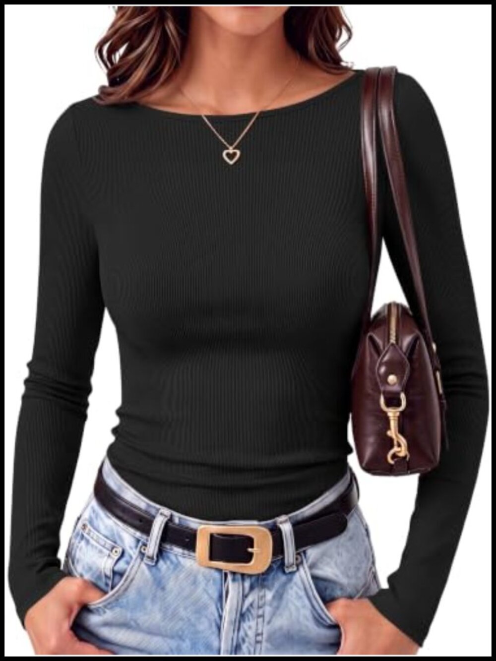 Ribbed Boat Neck Long Sleeve Fitted Top Skinny Casual T-Shirt